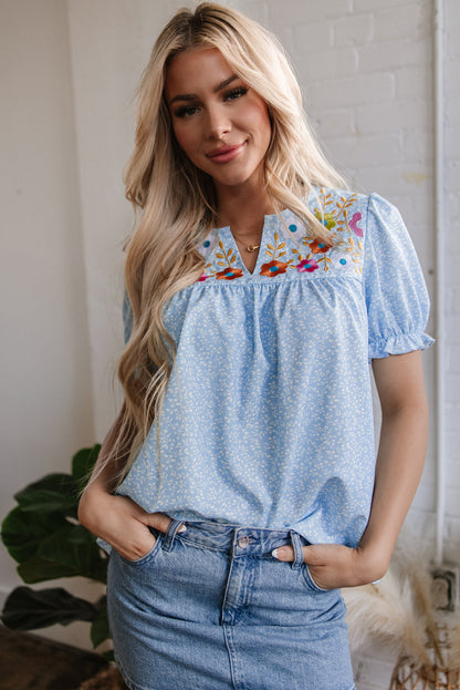 Kenzie Floral Embroidered Puff Sleeve Blouse - Farnelli