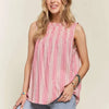 ADORA Contrast Striped Frill Round Neck Sleeveless Top - Hot Pink