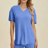 Basic Bae Full Size Ribbed V-Neck Short Sleeve Top and Shorts Set - Blue