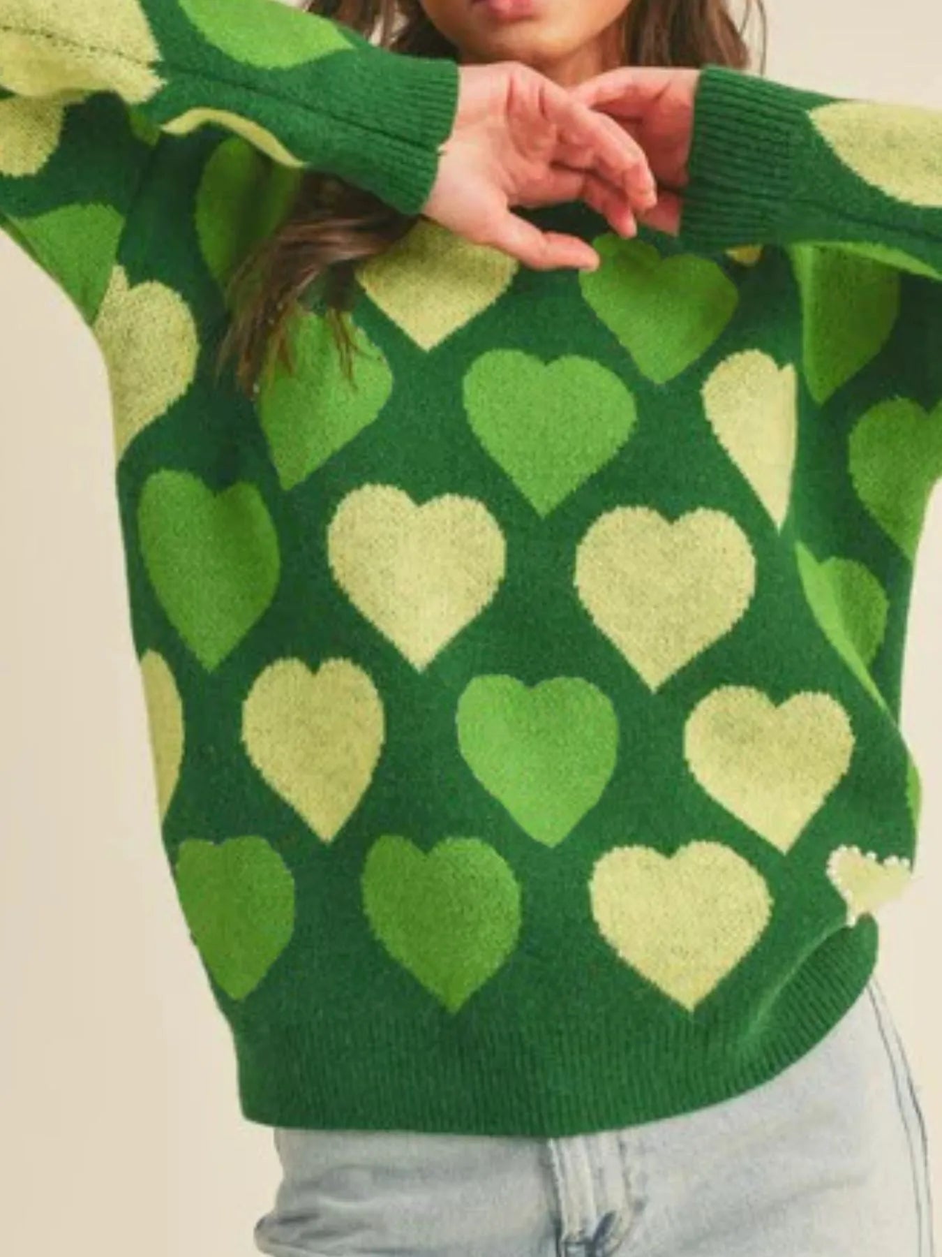 Heart Ribbed Hem Long Sleeve Sweater - Farnelli
