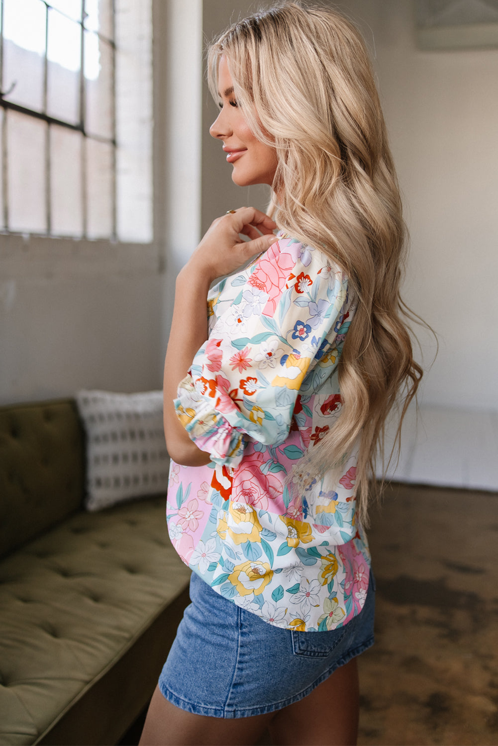 Solana Boho Flower Half Puff Sleeve Blouse - Farnelli