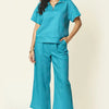 Double Take Full Size Texture Half Zip Short Sleeve Top and Pants Set - Light Blue
