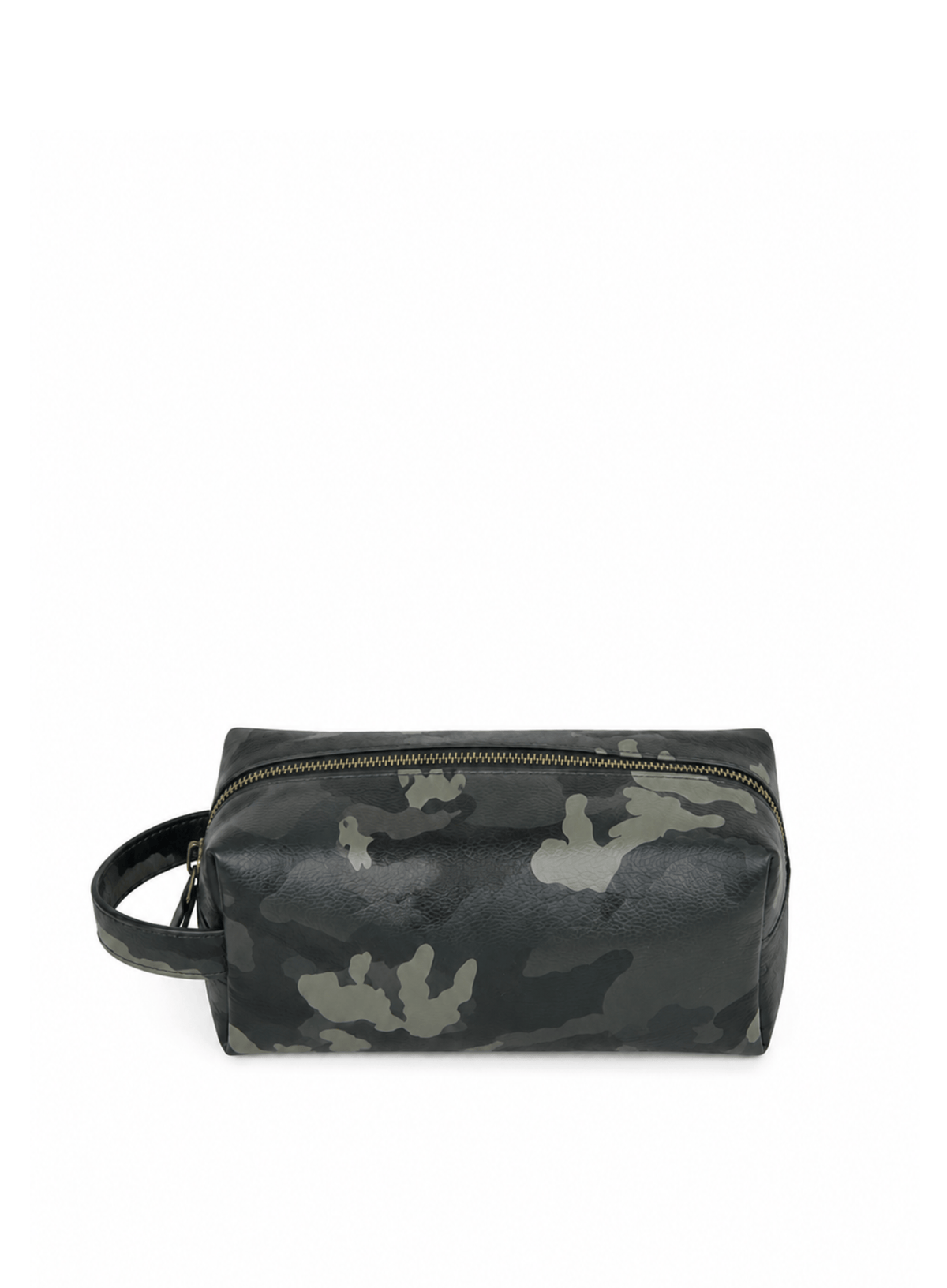 Deux Mains Iron Tight toiletry bag in camouflage print with zippered top and compact design