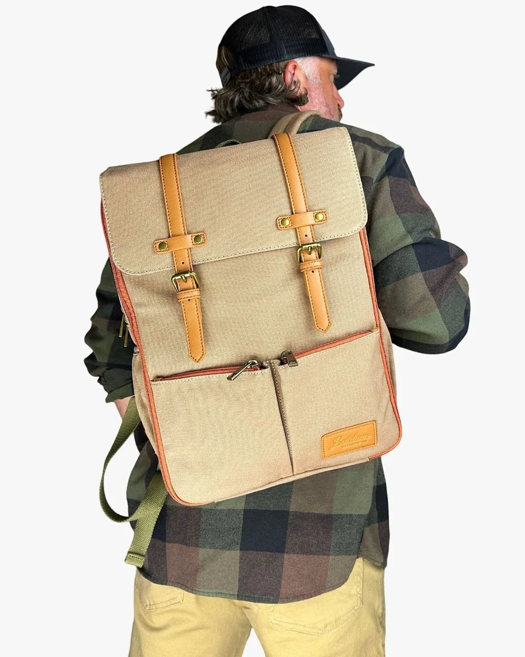 Baldwin Baby Company Bon Secour canvas diaper backpack shown at an angle from the side