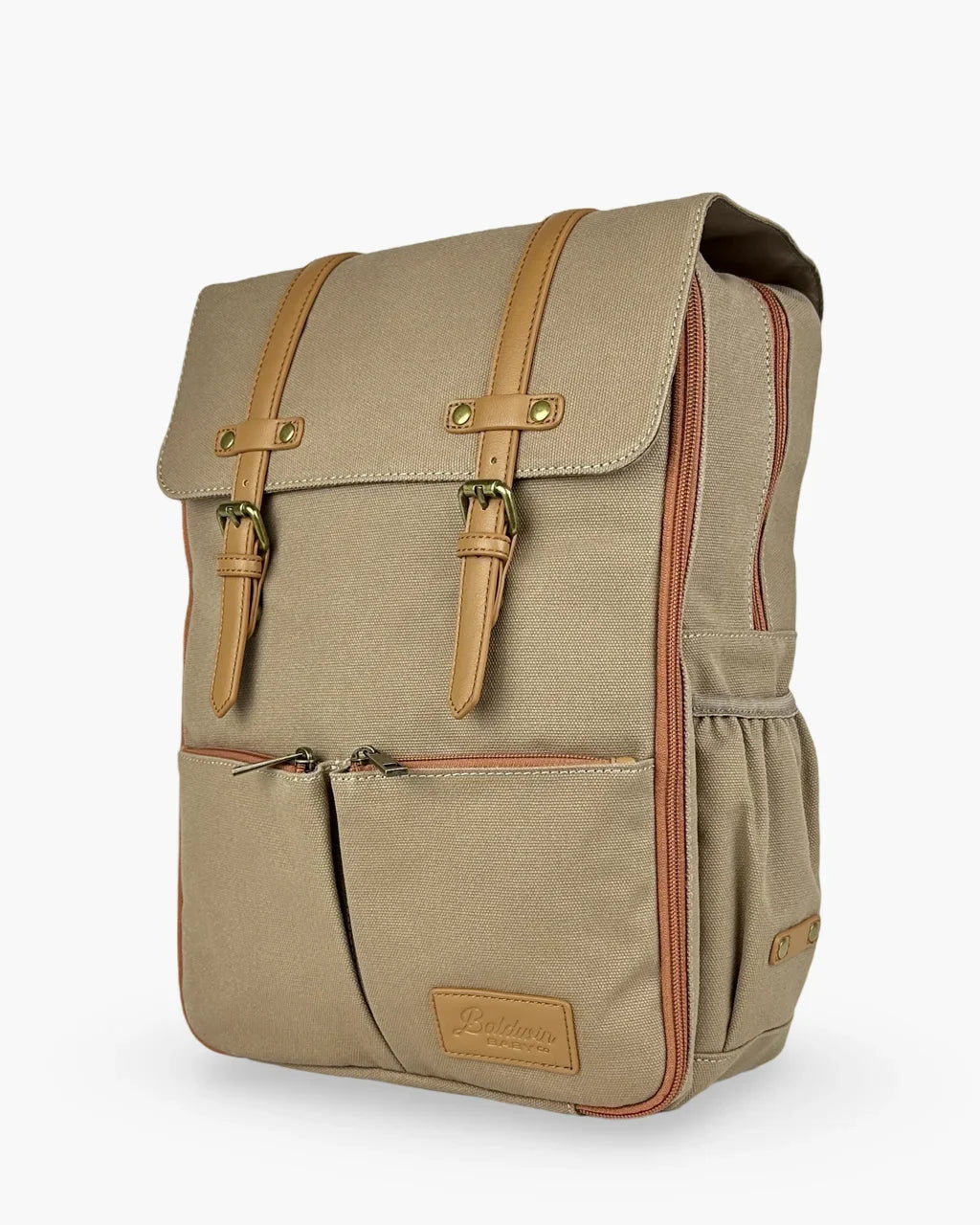 Baldwin Baby Company Bon Secour canvas diaper backpack shown at an angle