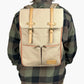 Baldwin Baby Company Bon Secour canvas diaper backpack, front view modeled with adjustable shoulder straps