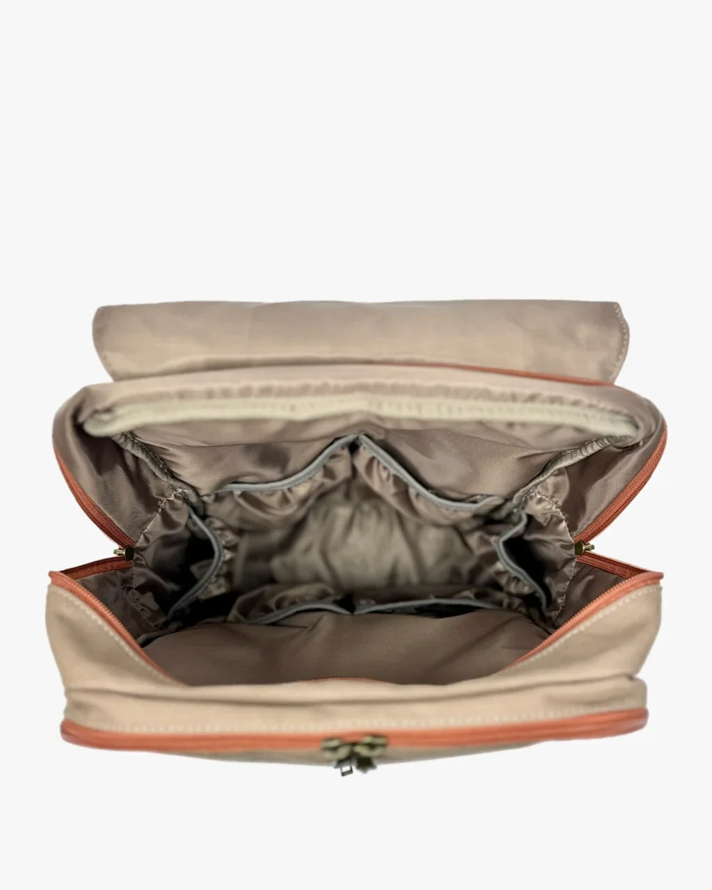 Open Bon Secour canvas diaper backpack by Baldwin Baby Company with spacious interior compartments