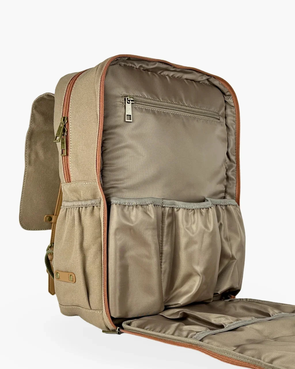 Baldwin Baby Company Bon Secour diaper backpack in canvas with open flap