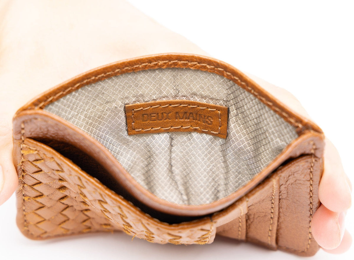 Deux Mains Slim ID Case in cognac leather, interior view with card slots and ID window