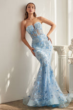 Strapless Butterfly Print Mermaid Gown - Farnelli