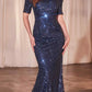 Ladivine CB151 Long Cap Sleeve Fitted Sequin Gown