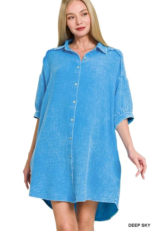 Zenana Washed Double Gauze Button Down Shirt Dress - Farnelli