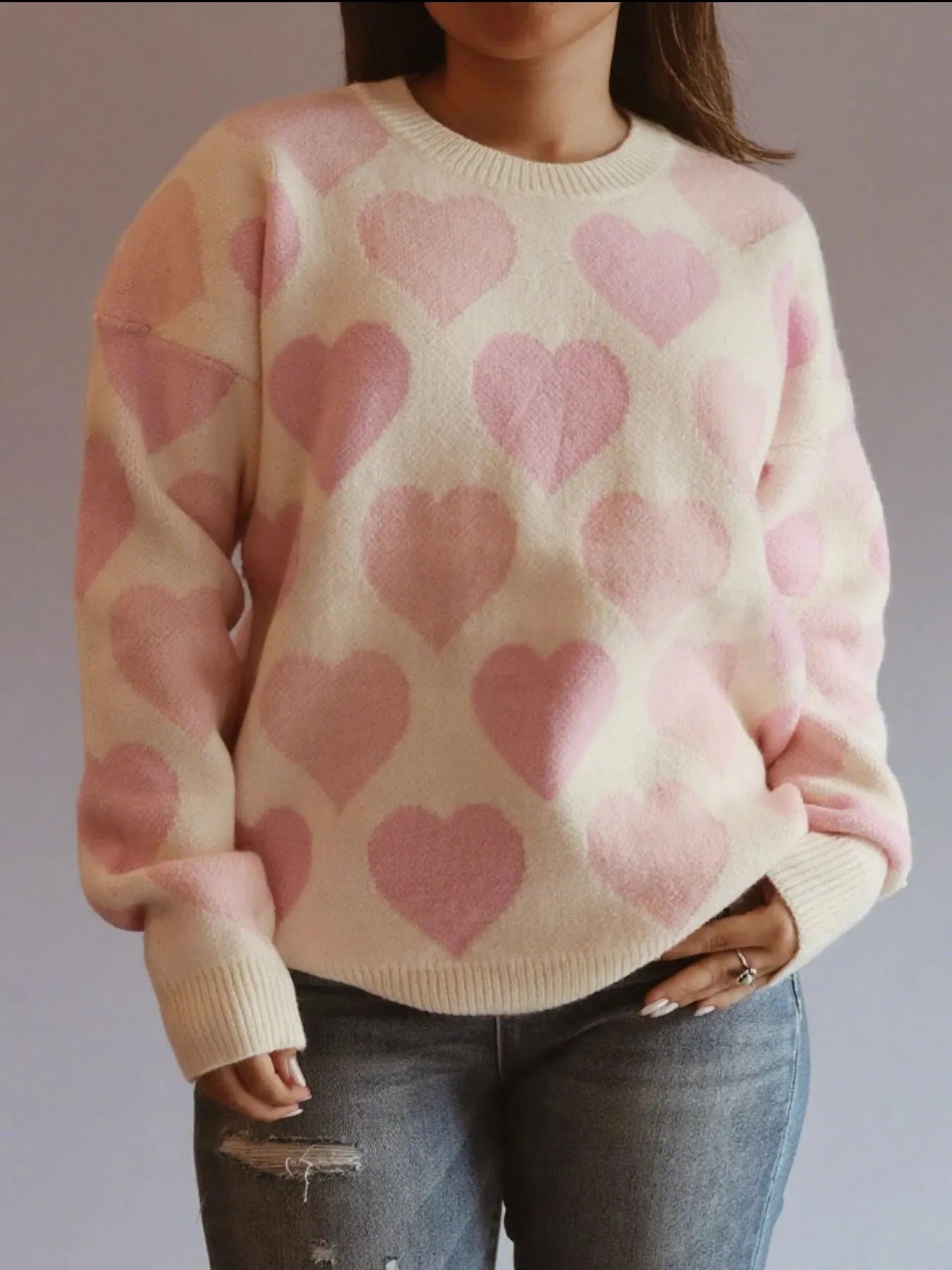 Heart Ribbed Hem Long Sleeve Sweater - Farnelli