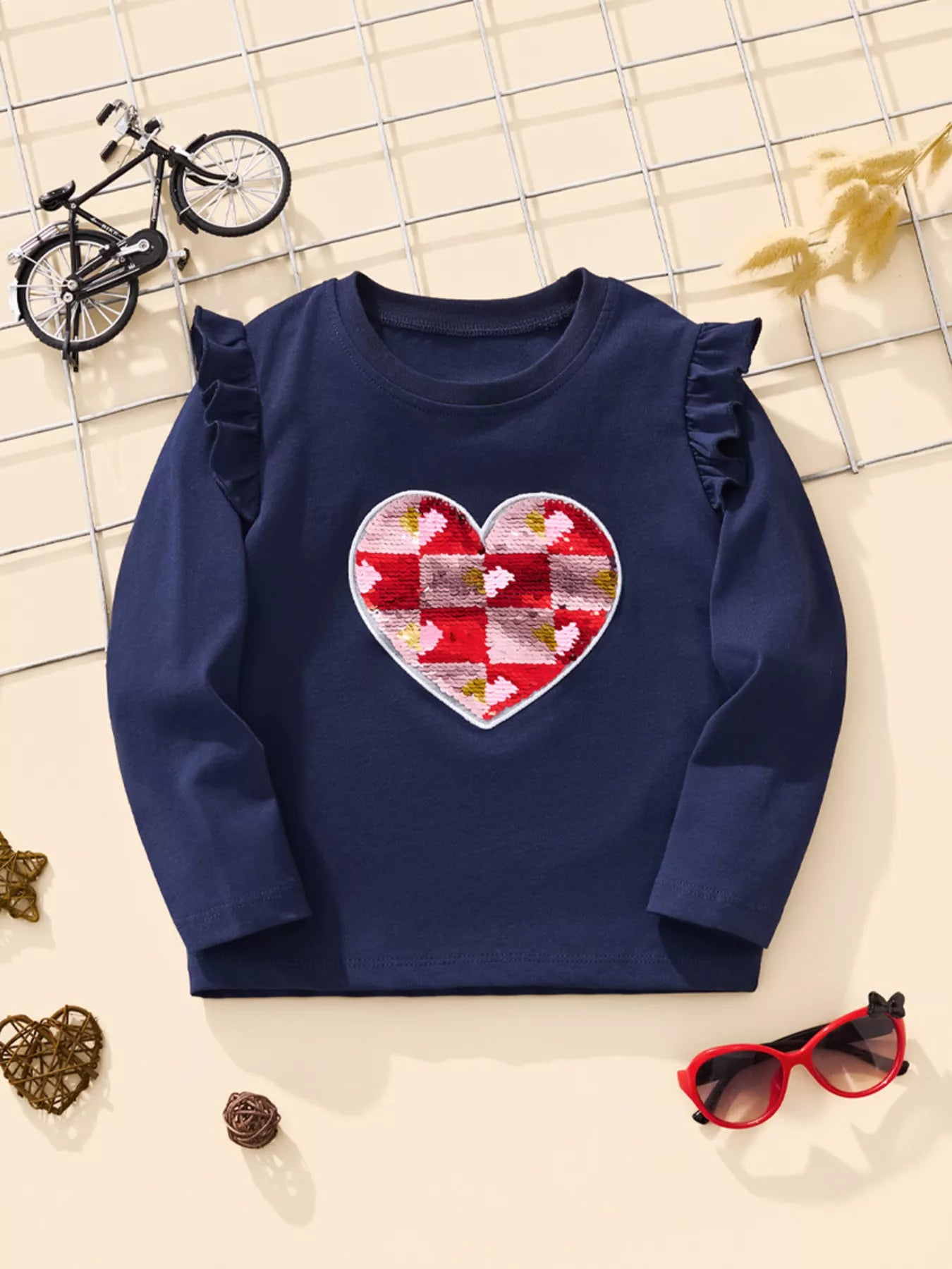 Children's Long Sleeve Heart Patch Ruffle Trim T-Shirt - Farnelli