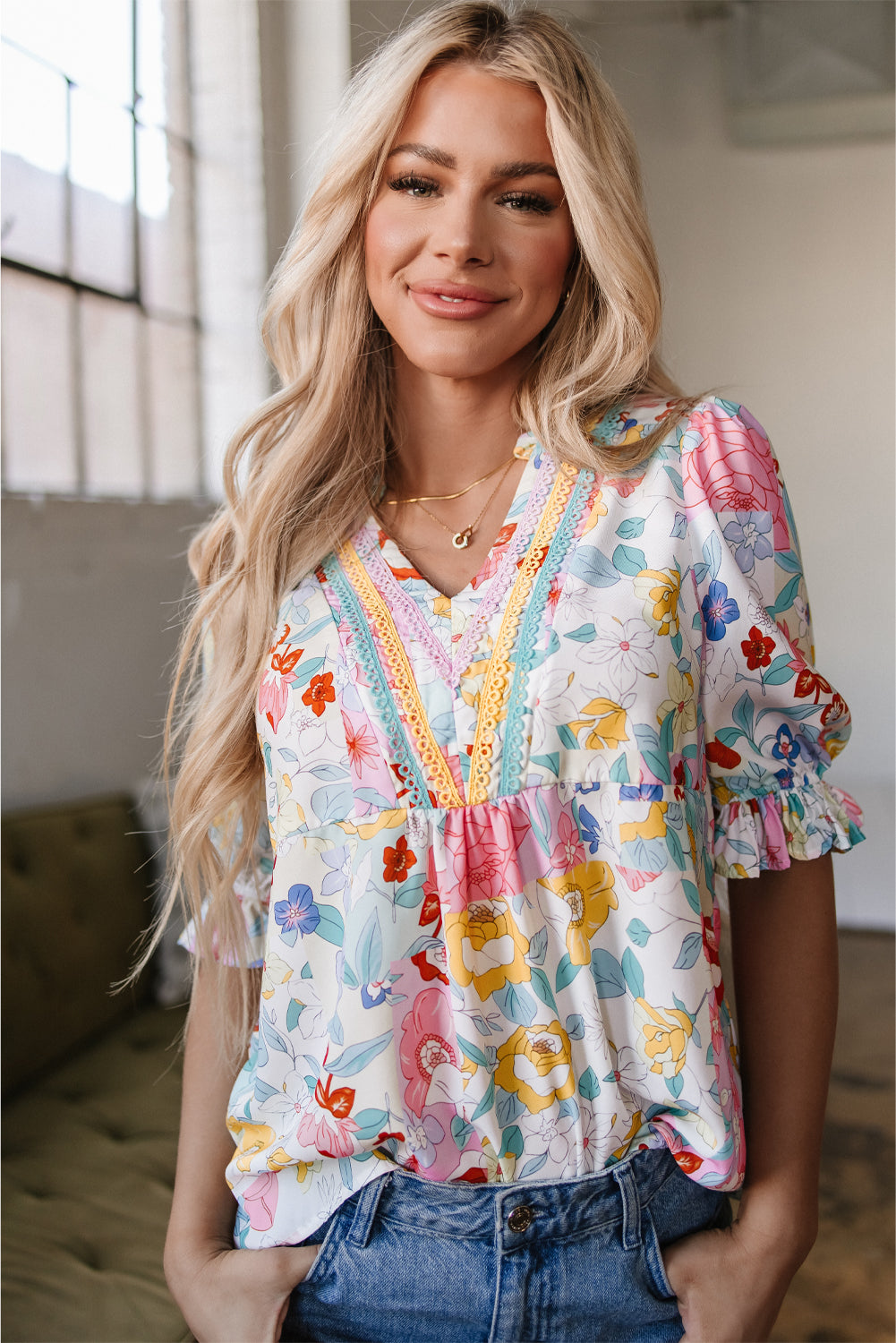 Solana Boho Flower Half Puff Sleeve Blouse - Farnelli