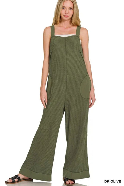 Zenana Knit Waffle Wide Leg Overalls - Farnelli