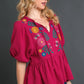 Umgee Full Size Cotton Gauze Floral Embroidery Babydoll Blouse Plus Size - Farnelli