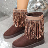 Sequin Fringe Suede Winter Boots - Light Brown