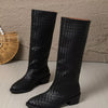 Woven Textured Block Heels Boots - Black