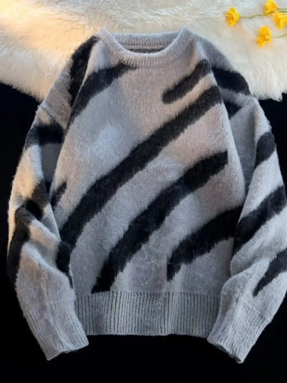 Men's Striped Fuzzy Knit Pullover Sweater - Farnelli