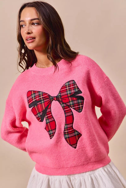 SO ME Checker Plaid Ribbon Christmas Holiday Sweater - Farnelli