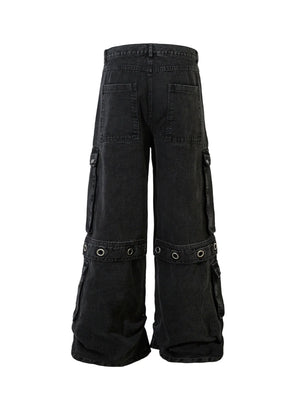 Men's Wide Leg Cargo Denim Jeans with Multi Pockets - Farnelli