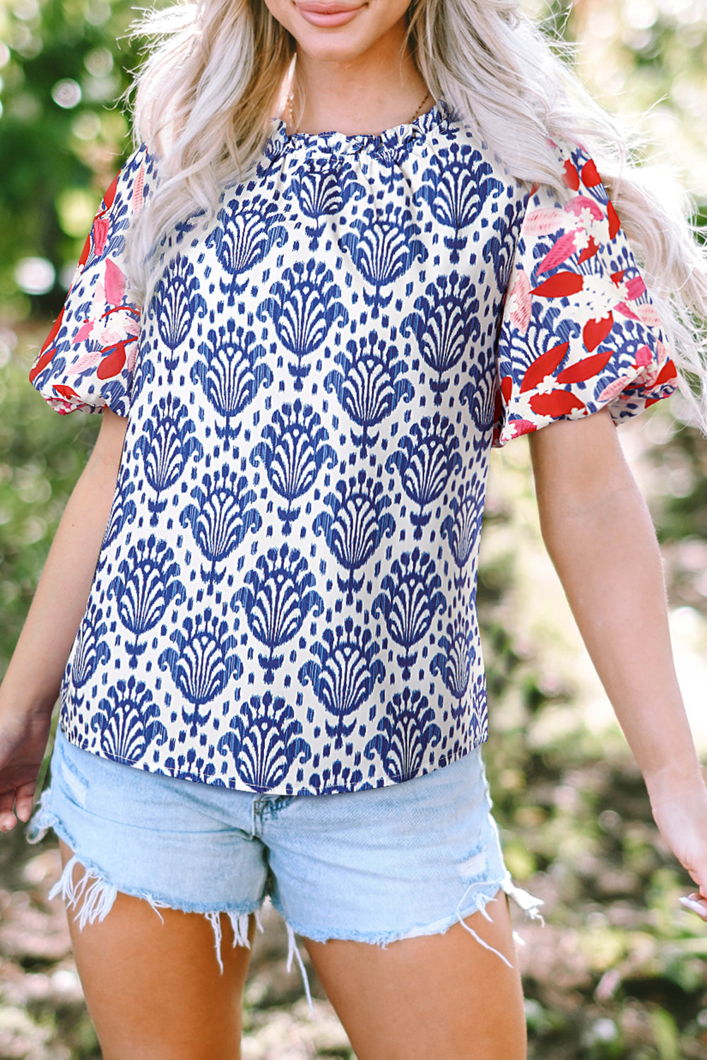 Julieta Floral Puff Sleeve Frilled Neck Blouse - Farnelli