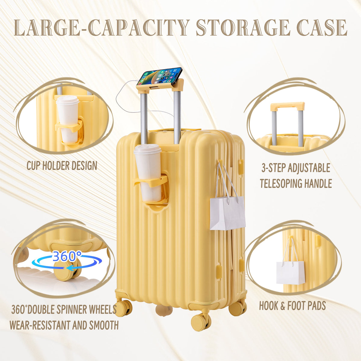 HouseOfZazla yellow 3-piece ABS hard case luggage set with spinner wheels and USB port