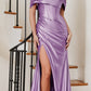Cinderella Divine CC2197 Long Fitted Soft Satin Bustier Gown Cold Shoulder