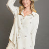 Umgee Linen Blend Fitted Shirt with Ribbon Embroidery Details - OATMEAL