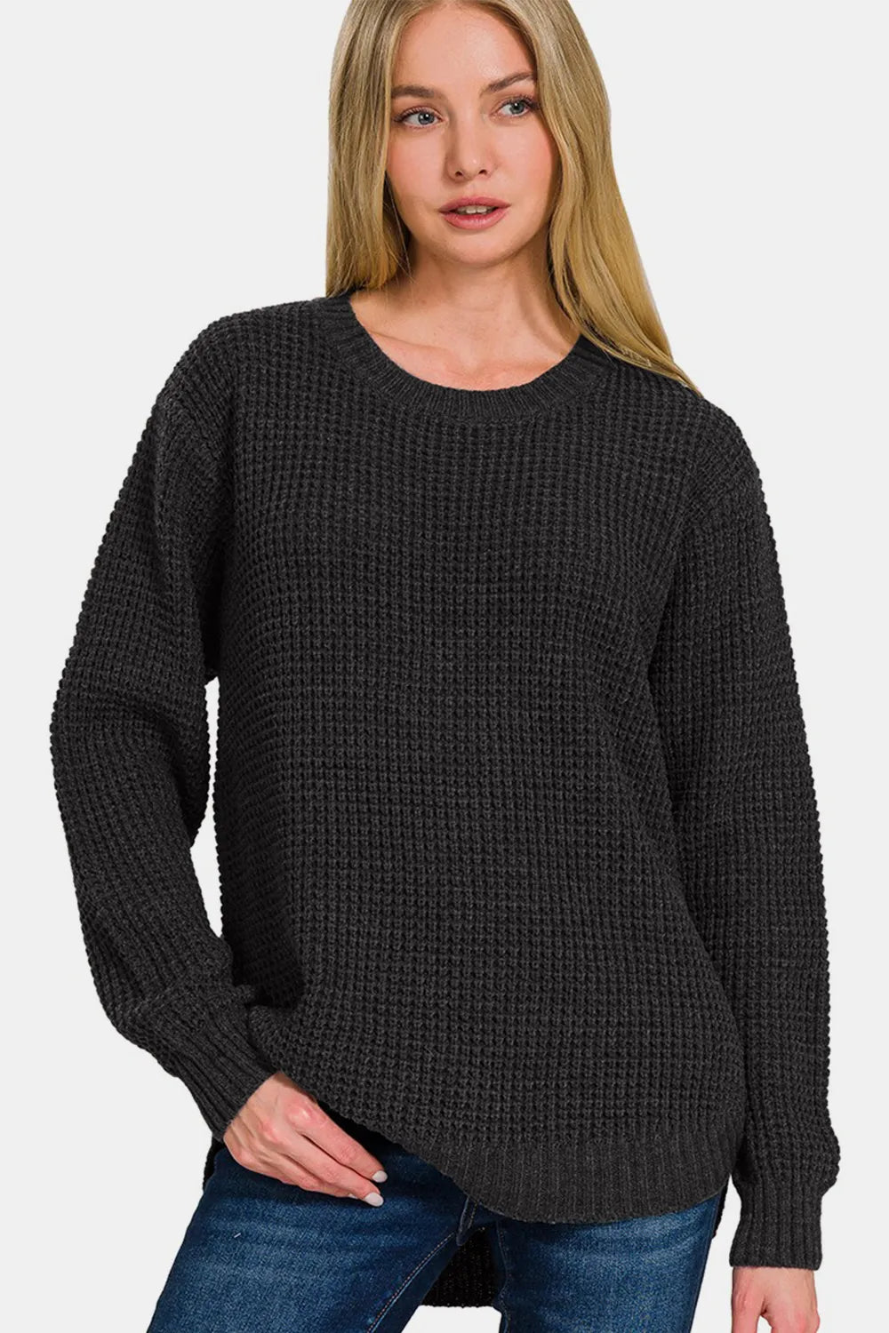 Zenana High Low Long Sleeve Waffle Sweater - Farnelli