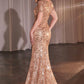 Ladivine CC3700 Rose Gold Floral Motif Sequin Fit and Flare Dress