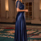 Ladivine CC447 Flutter Sleeves V-Neckline A-Line Satin Evening Gown