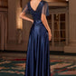 Ladivine CC447 Flutter Sleeves V-Neckline A-Line Satin Evening Gown