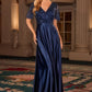 Ladivine CC447 Flutter Sleeves V-Neckline A-Line Satin Evening Gown
