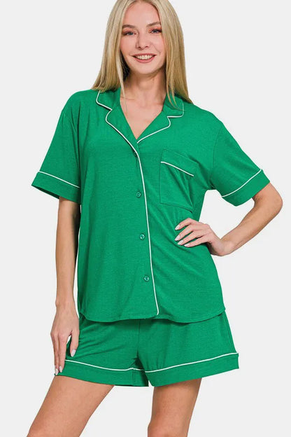 Zenana Button Down Short Sleeve Top and Shorts Lounge Set - Farnelli