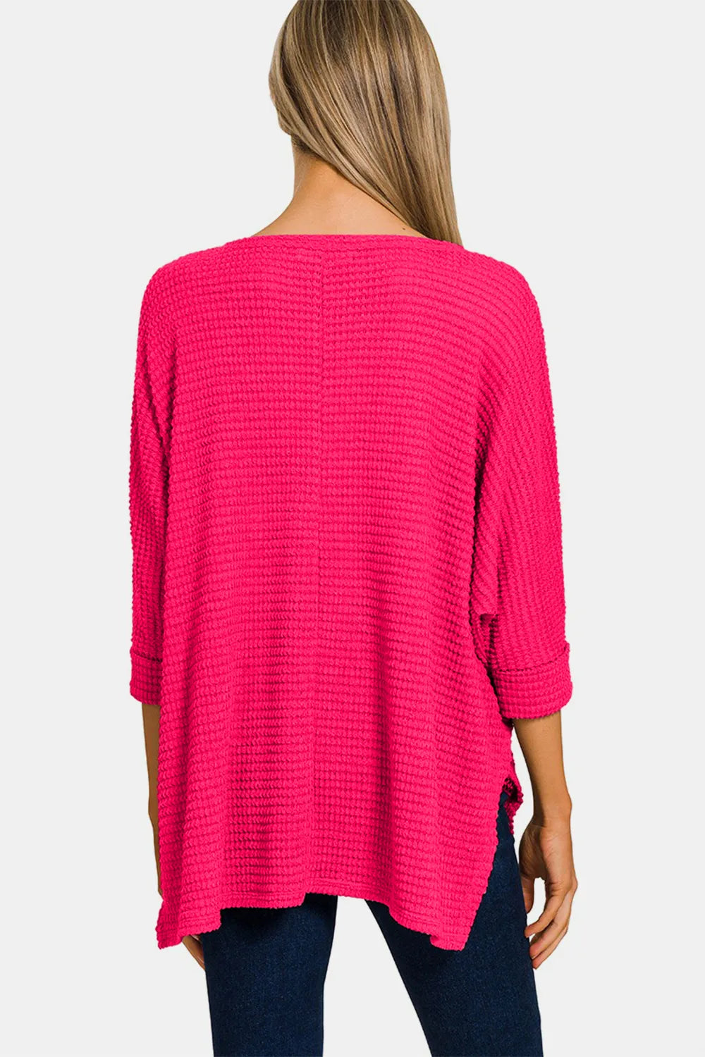 Zenana V-Neck High-Low Jacquard Knit Top - Farnelli