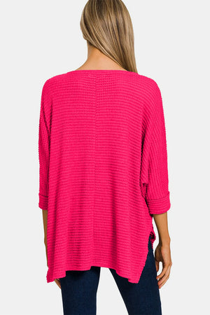 Zenana V-Neck High-Low Jacquard Knit Top - Farnelli