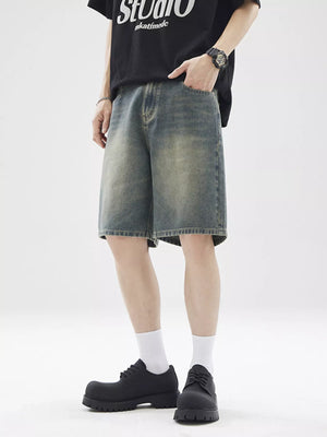 Men's Full Size Vintage Wash Wide Leg Denim Shorts Plus Size - Farnelli