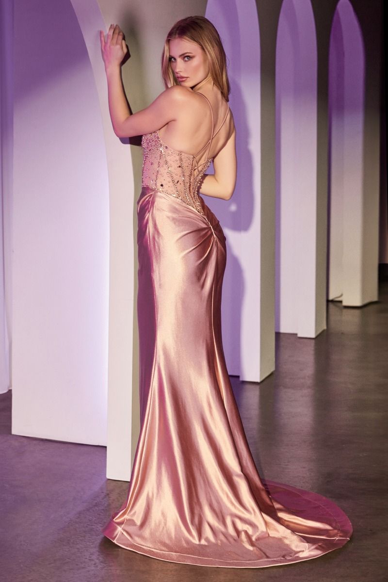 Fitted Rose Gold Satin Dress With Beaded Bodice - Farnelli