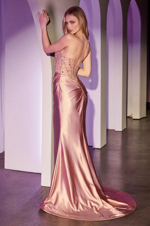 Fitted Rose Gold Satin Dress With Beaded Bodice - Farnelli