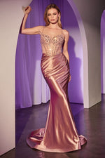 Fitted Rose Gold Satin Dress With Beaded Bodice - Farnelli