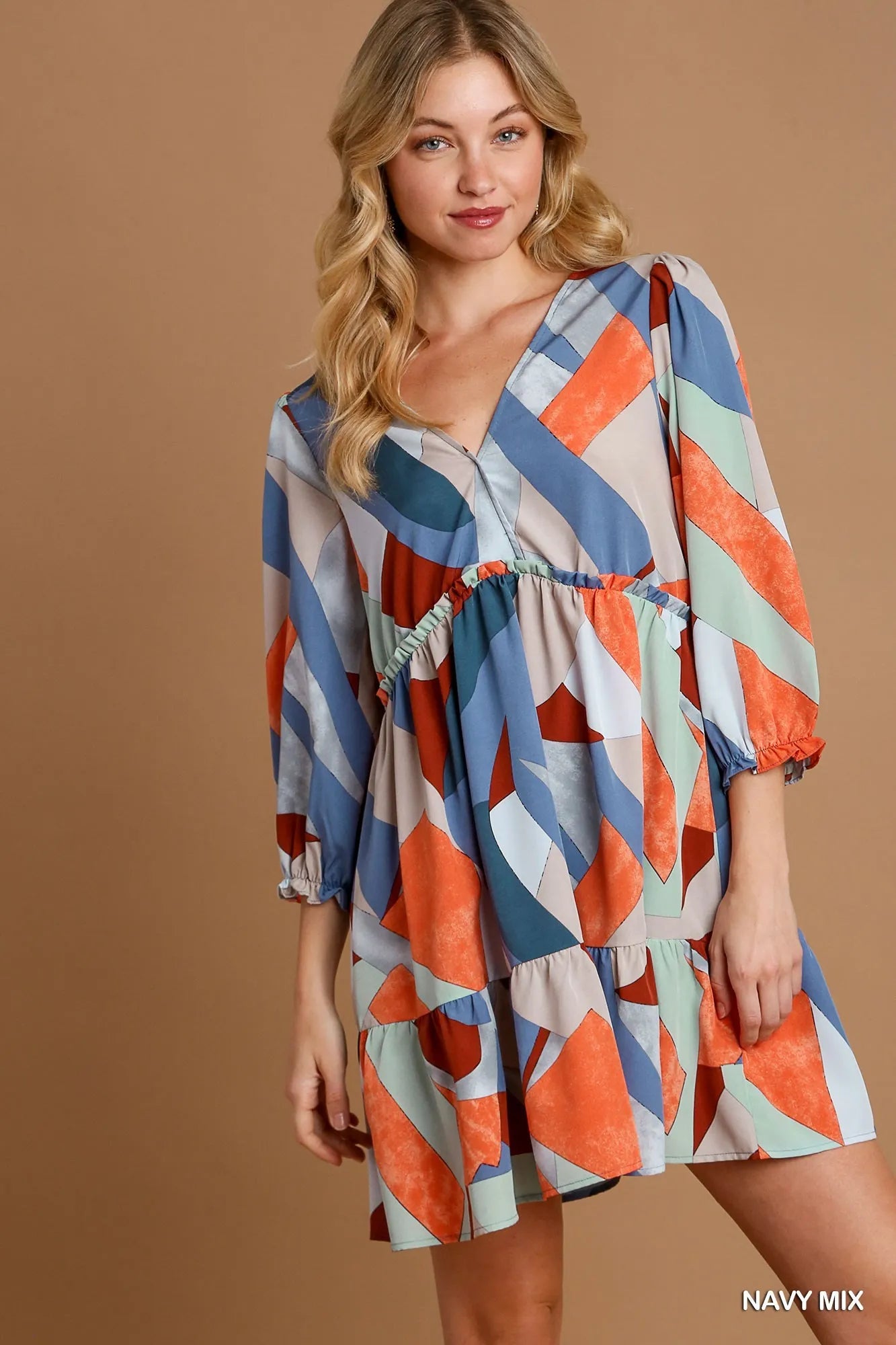 Umgee Abstract V-Neck Tiered Printed Dress - Farnelli