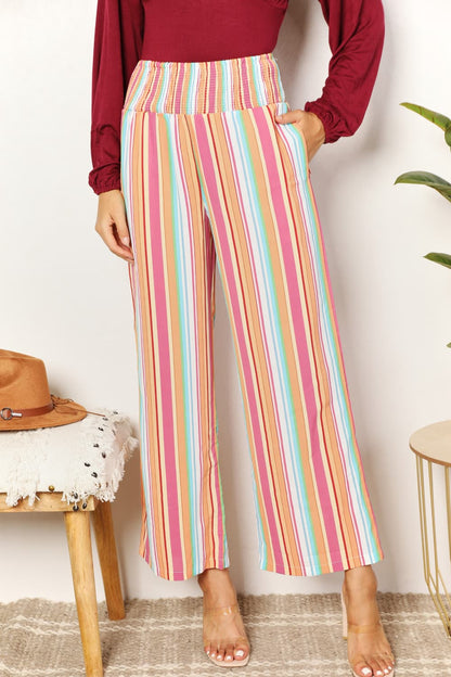 Double Take Striped Smocked Waist Pants with Pockets - Farnelli