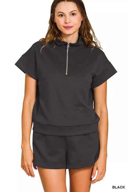 Zenana Scuba High Neck Half Zip Top and Dolphin Shorts Set - Farnelli