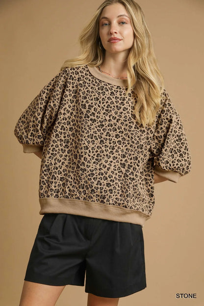 Umgee Leopard Knit Jacquard Puff Sleeve Sweatshirt - Farnelli