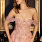Cinderella Divine CD0198 Long Lace A-Line Gown with Off the Shoulder Sleeves