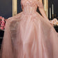 Cinderella Divine CD0198 Long Lace A-Line Gown with Off the Shoulder Sleeves