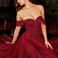 Cinderella Divine CD0198 Long Lace A-Line Gown with Off the Shoulder Sleeves
