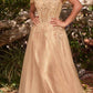 Cinderella Divine CD0198 Long Lace A-Line Gown with Off the Shoulder Sleeves